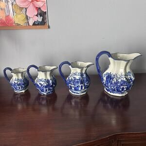 Antique Blue & White English Victoria Ware Ironstone Pitcher Set Stamped